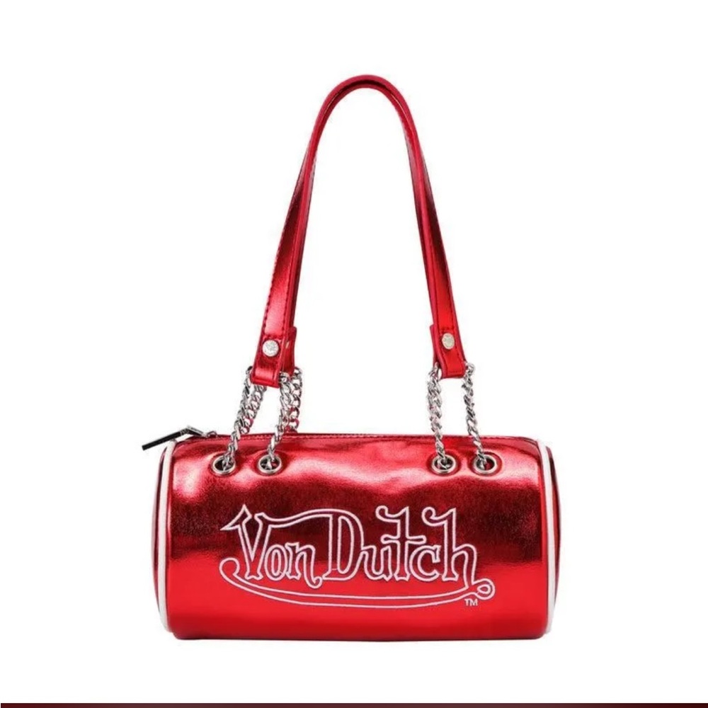 Von Dutch Metallic Red Barrel Tote with Chain Straps